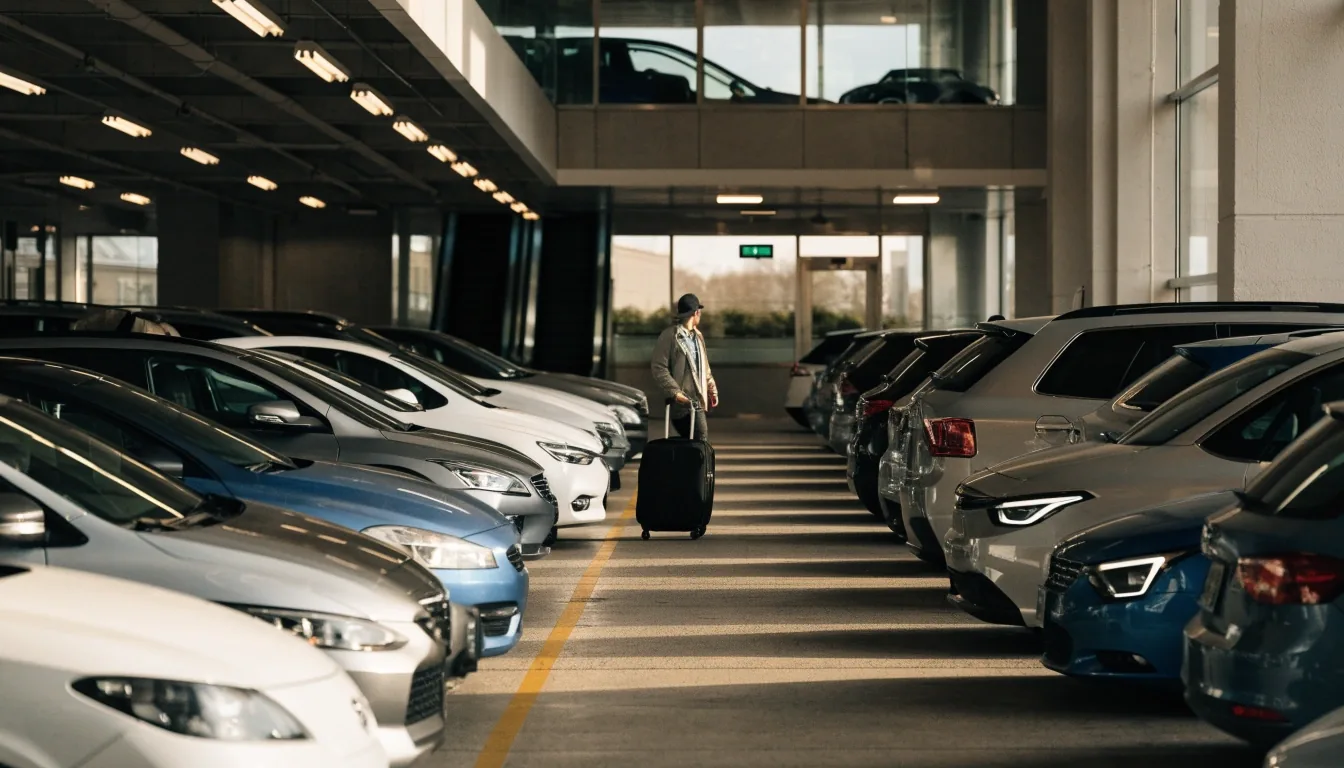 Covered pre-booked parking level near Sydney Airport terminal with a driver walking to the lifts