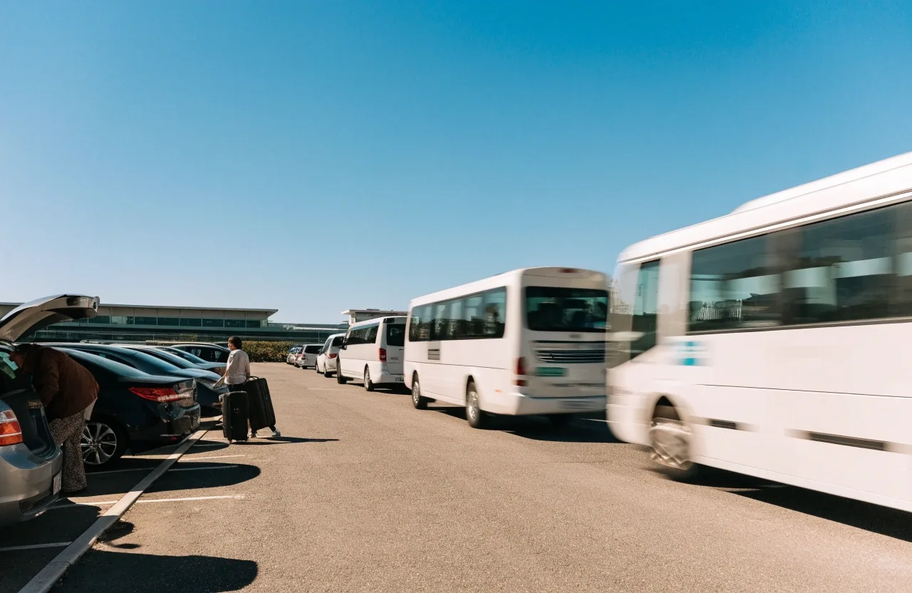 Long-stay parking rows at Sydney Airport with shuttle bus passing between bays