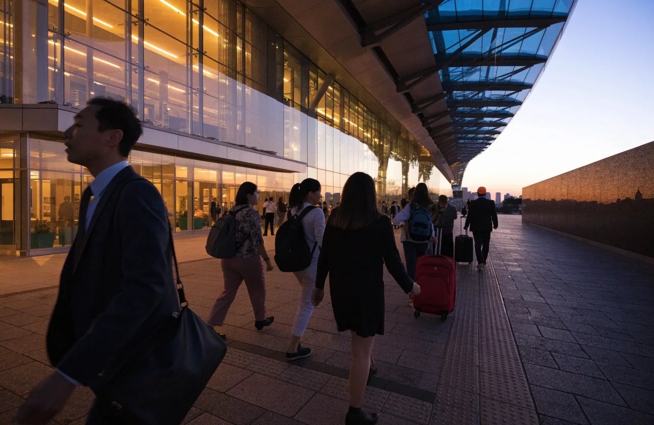 Travellers with suitcases crossing to Sydney Airport terminal entrance at dusk