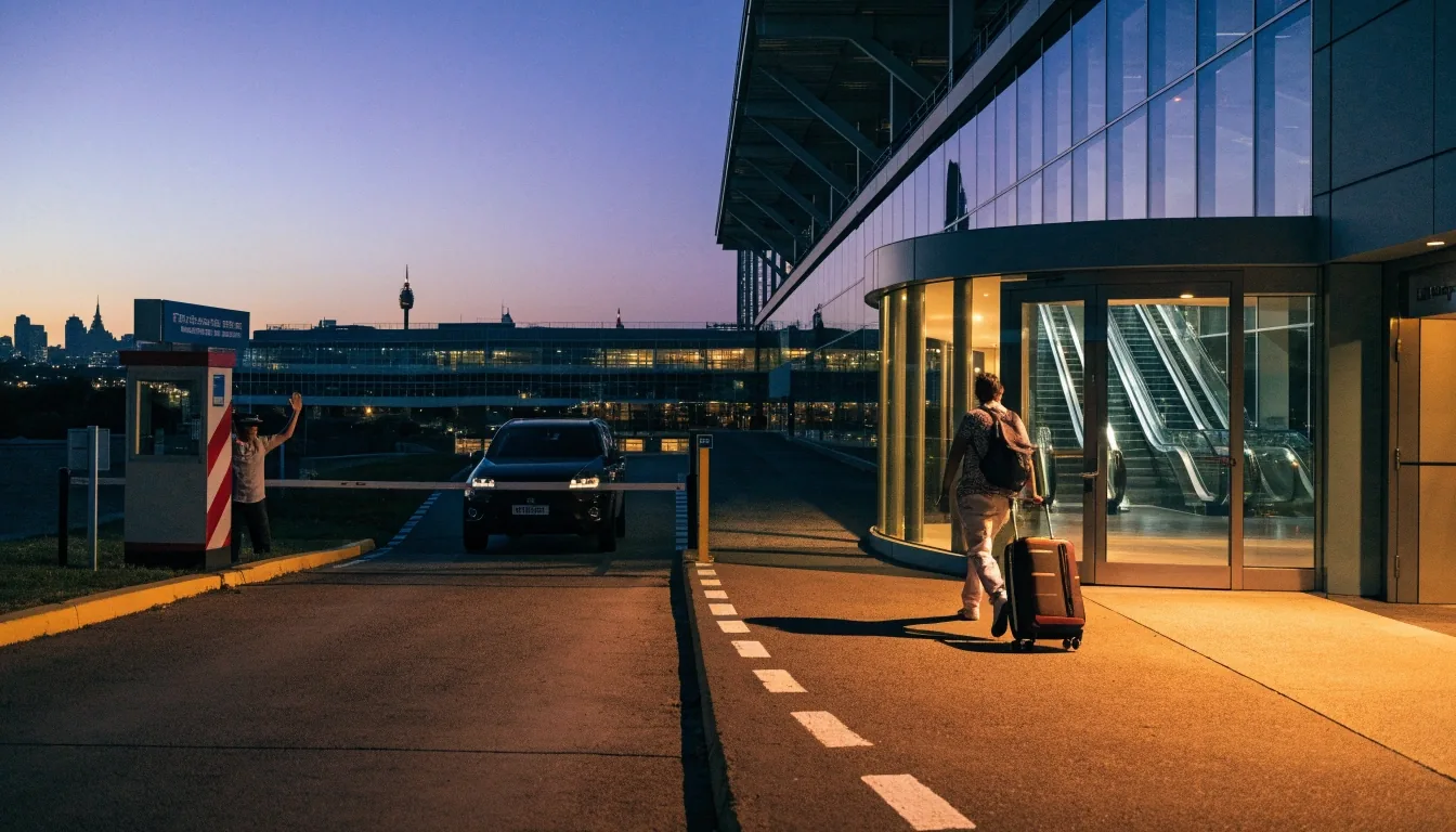 Cars entering Sydney Airport parking at dusk