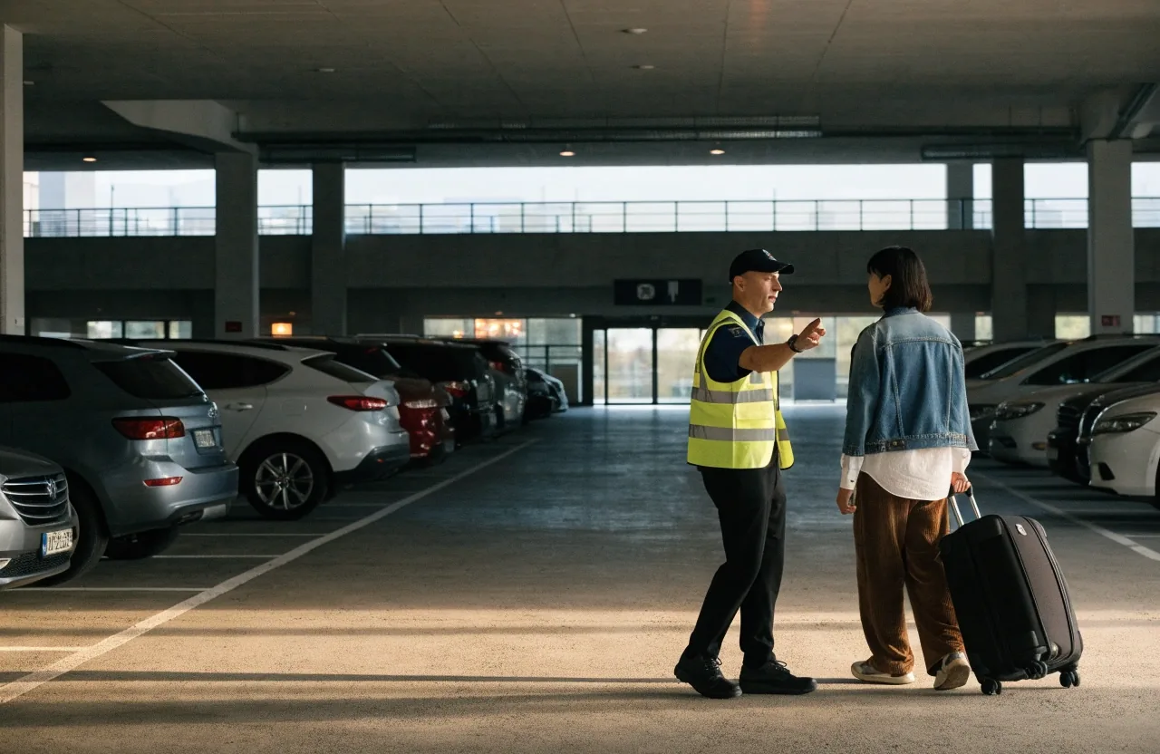 Inside Sydney Airport parking garage with cars and traveller