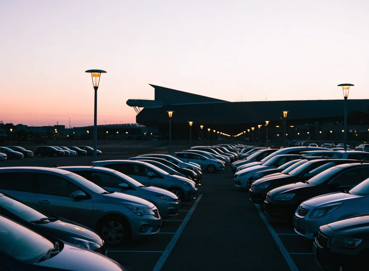 Open-air parking area near Sydney Airport at dusk