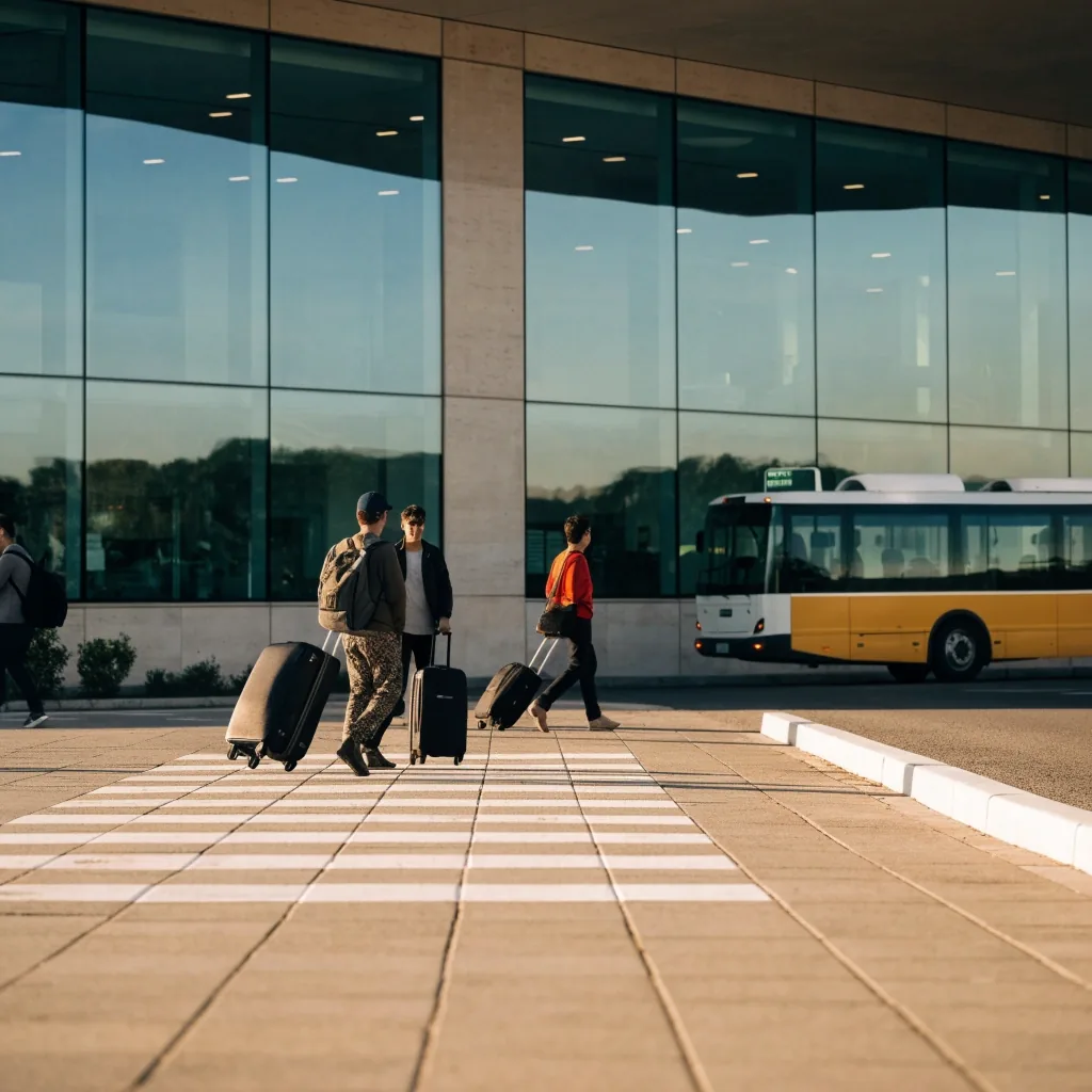 Travellers with luggage at Sydney Airport terminal forecourt
