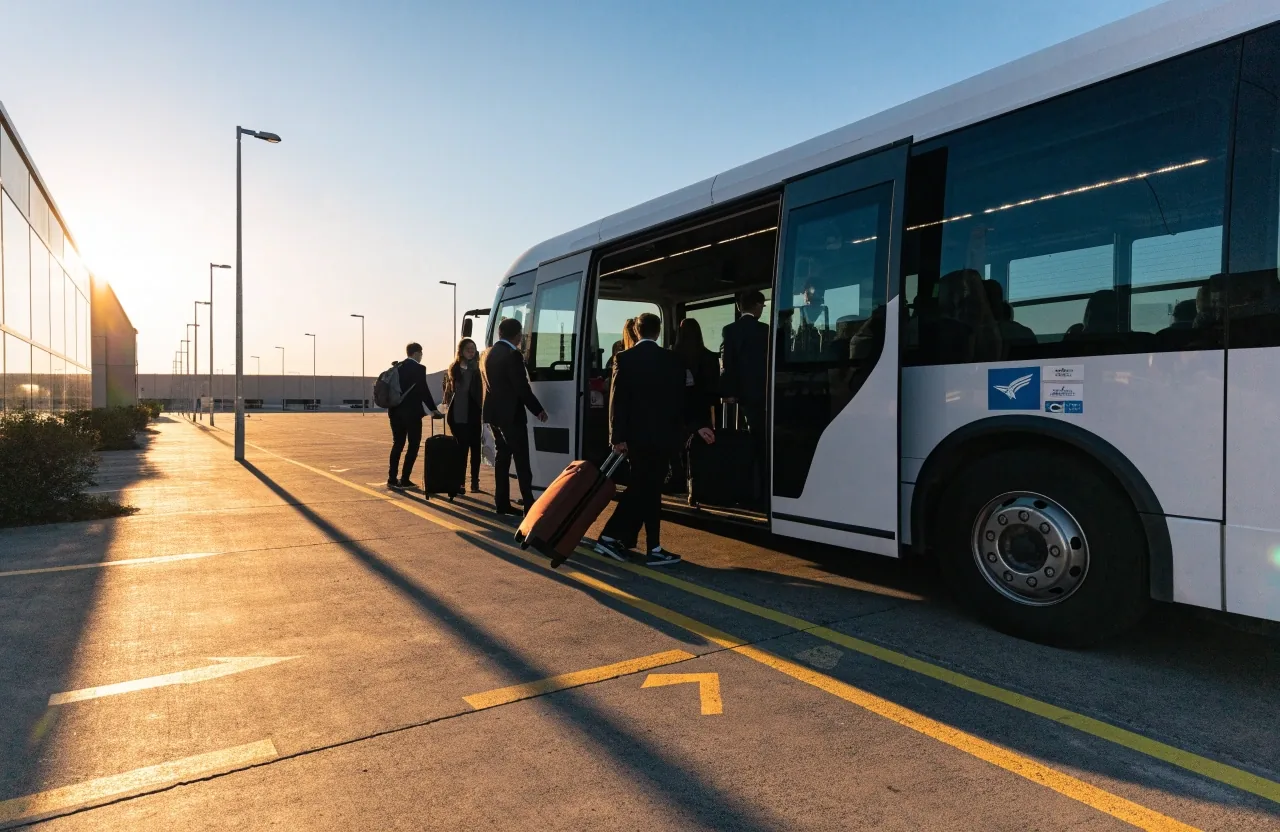 Shuttle bus collecting travellers near Blu Emu long-stay parking