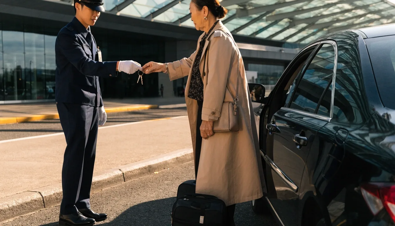 Valet attendant receiving car keys from a domestic flyer at drop-off