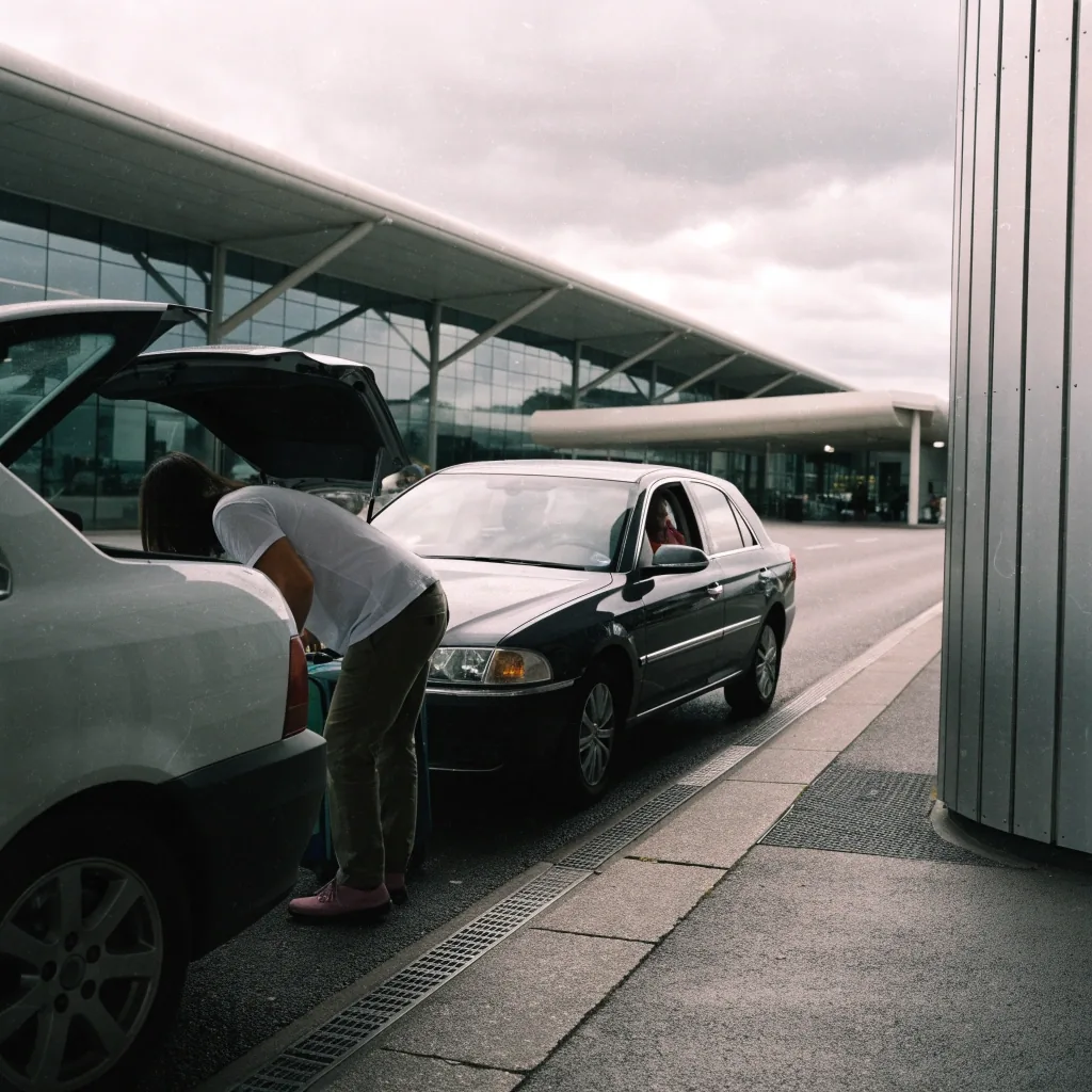 Cars using public pick-up roadway at Sydney Airport terminal forecourt