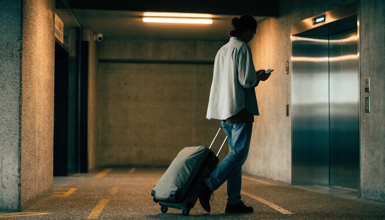 Traveller checking booking confirmation on phone in airport car park lift lobby