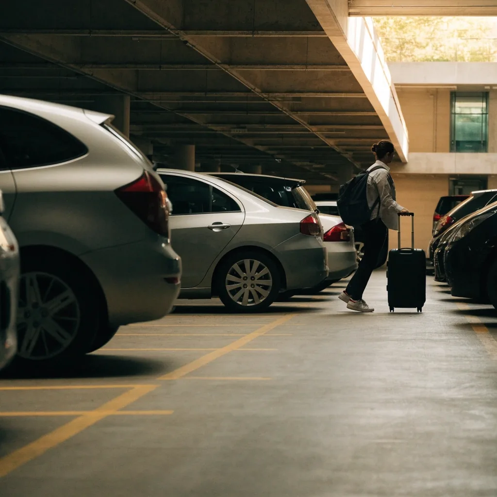 Inside P7 multi-storey car park at Sydney Airport with parked cars and traveller with luggage
