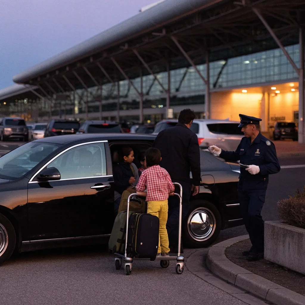 Sydney Airport international terminal and P7 car park at dusk with traveller walking with luggage