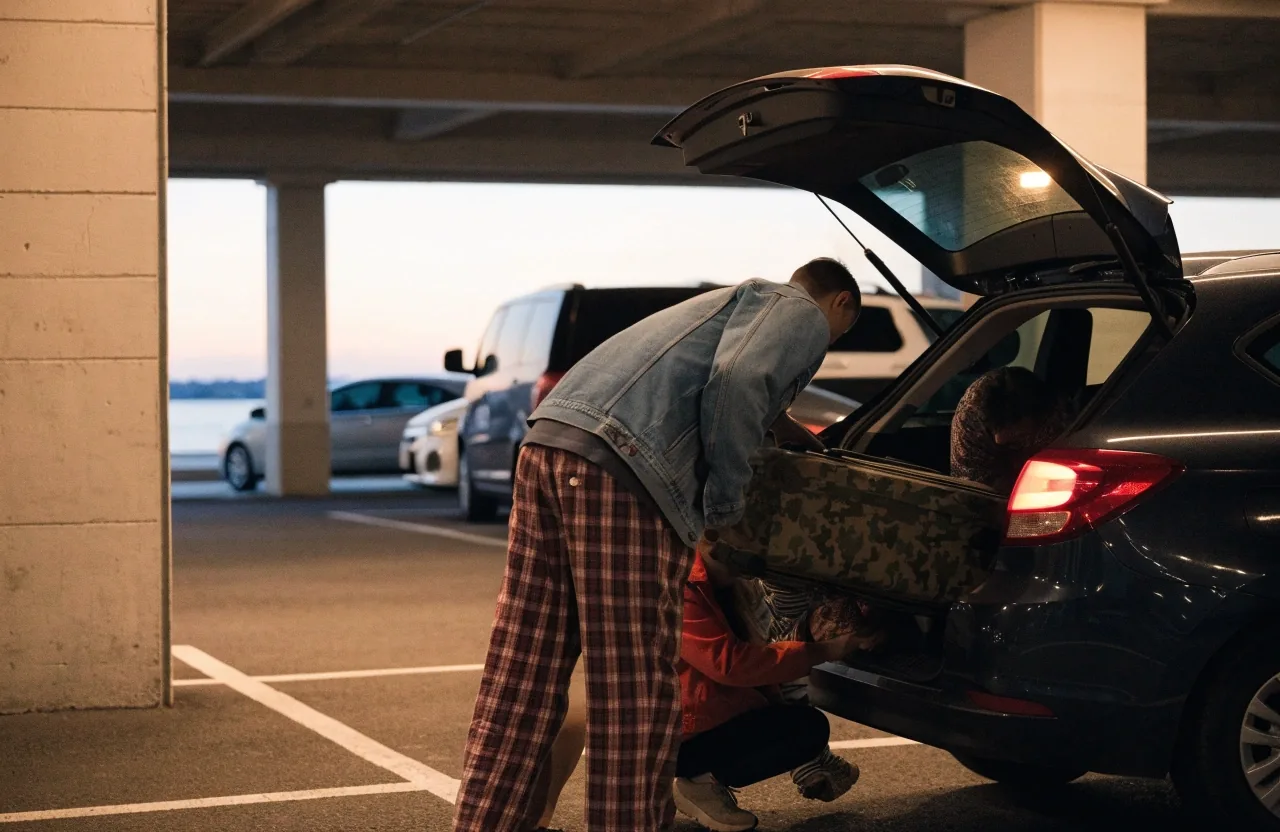 Traveller returning late at night through covered walkway in Sydney Airport parking