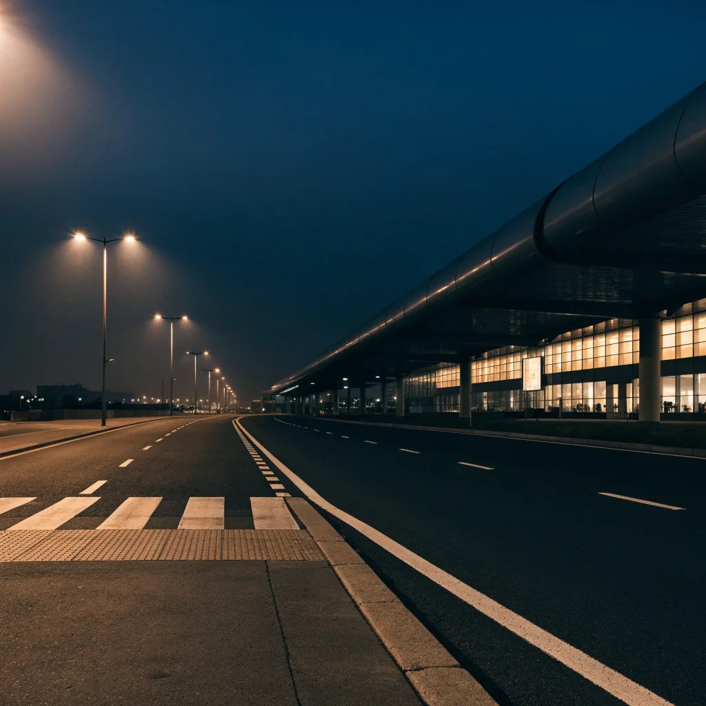 Quiet Sydney Airport arrivals roadway at night
